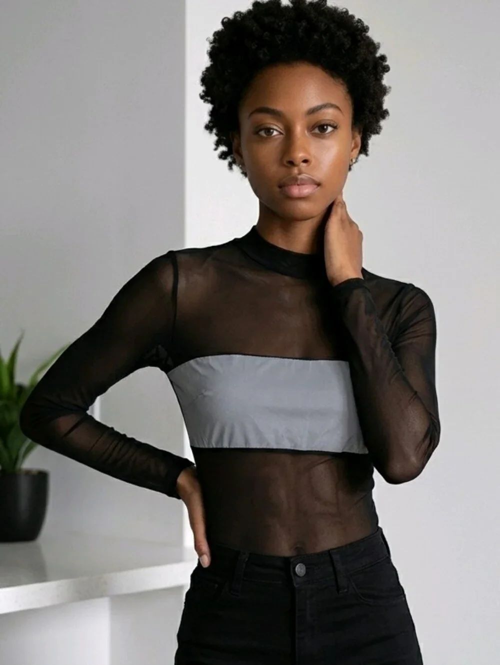 Fashion Nova Sheer Mesh Reflective Bodysuit Mock Neck Long Sleeve Black NWT
